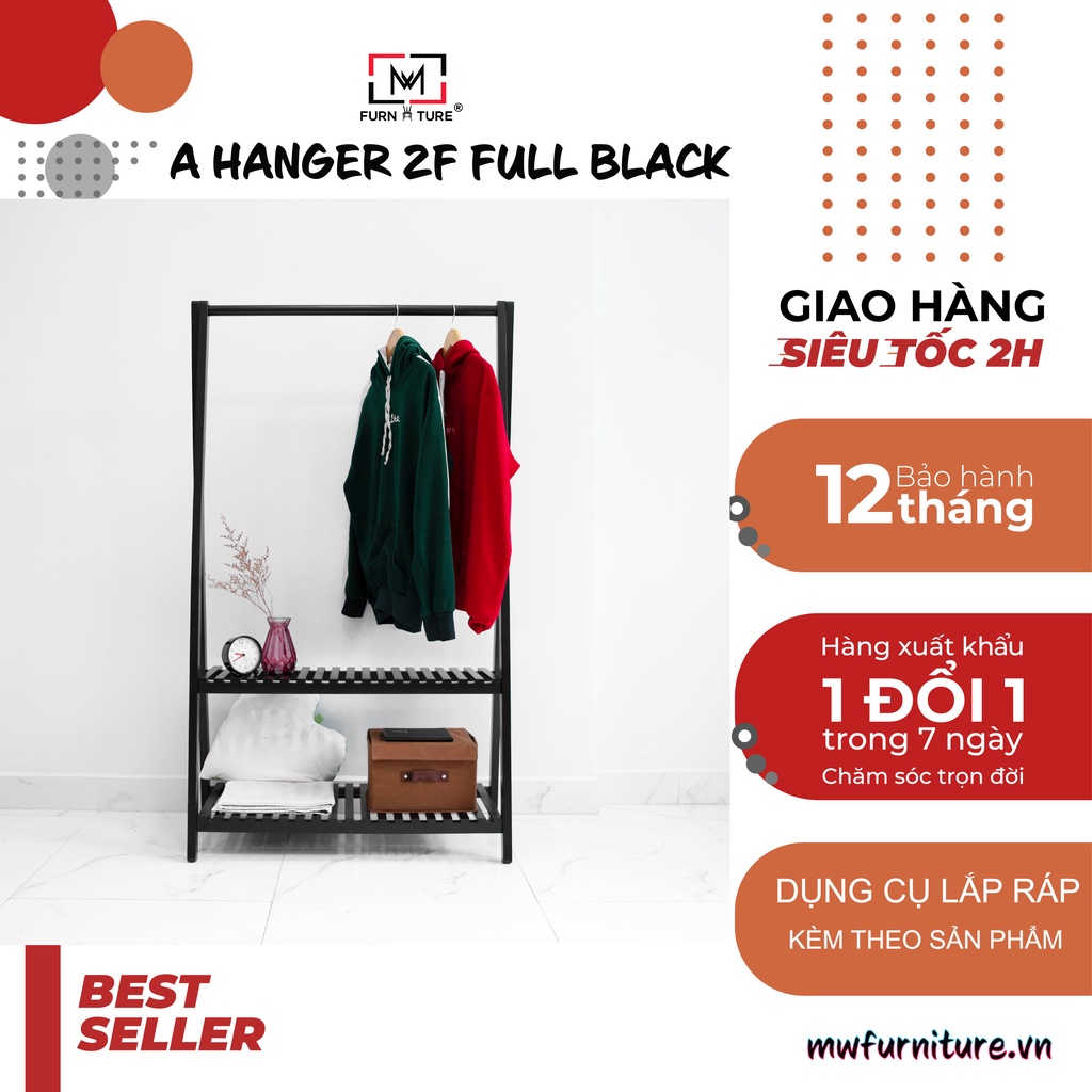 Giá treo quần áo chữ A 2 tầng màu Đen Size 86x148x38 cm gỗ thông nhập khẩu MW FURNITURE - Nội thất căn hộ