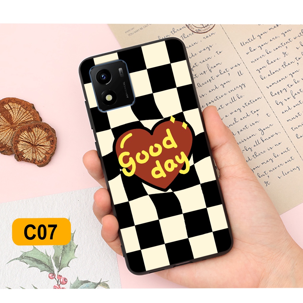 Ốp lưng Vivo Y01 in hoạ tiết caro trái tim đen trắng, gấu bear cute đáng yêu