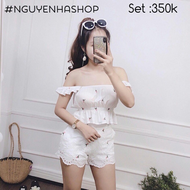 Sét áo xô cánh tiên thêu nổi quần short ren