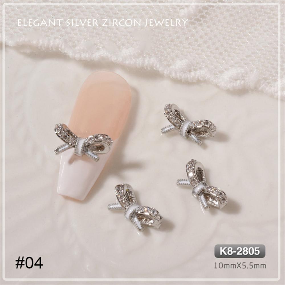 Phụ Kiện Trang Trí Móng Nghệ Thuật Hình Nơ Đính Đá Zircon Màu Bạc Lấp Lánh Thời Trang J4Y3