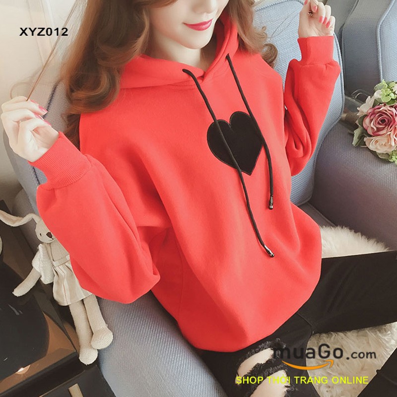 Áo hoodie nỉ thêu hình tim siêu cute, Áo khoác đi Đà lạt, Áo nỉ teen,ÁO NỈ CHUI CÓ MŨ Nữ Màu hồng, đỏ, trắng - XYZ012