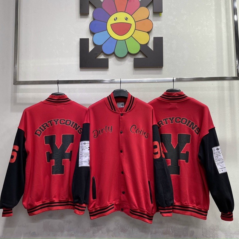 Áo Khoác DirtyCoins Embroidered Varsity Jacket Red Black - Áo Khoác Nỉ Bomber Unisex