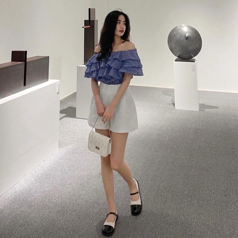 Set Áo Trễ Vai Caro Xanh Nữ  🌸 Bộ đồ thun kiểu kèm quần short ống rộng mặc đi biển Ulzzang 🌸