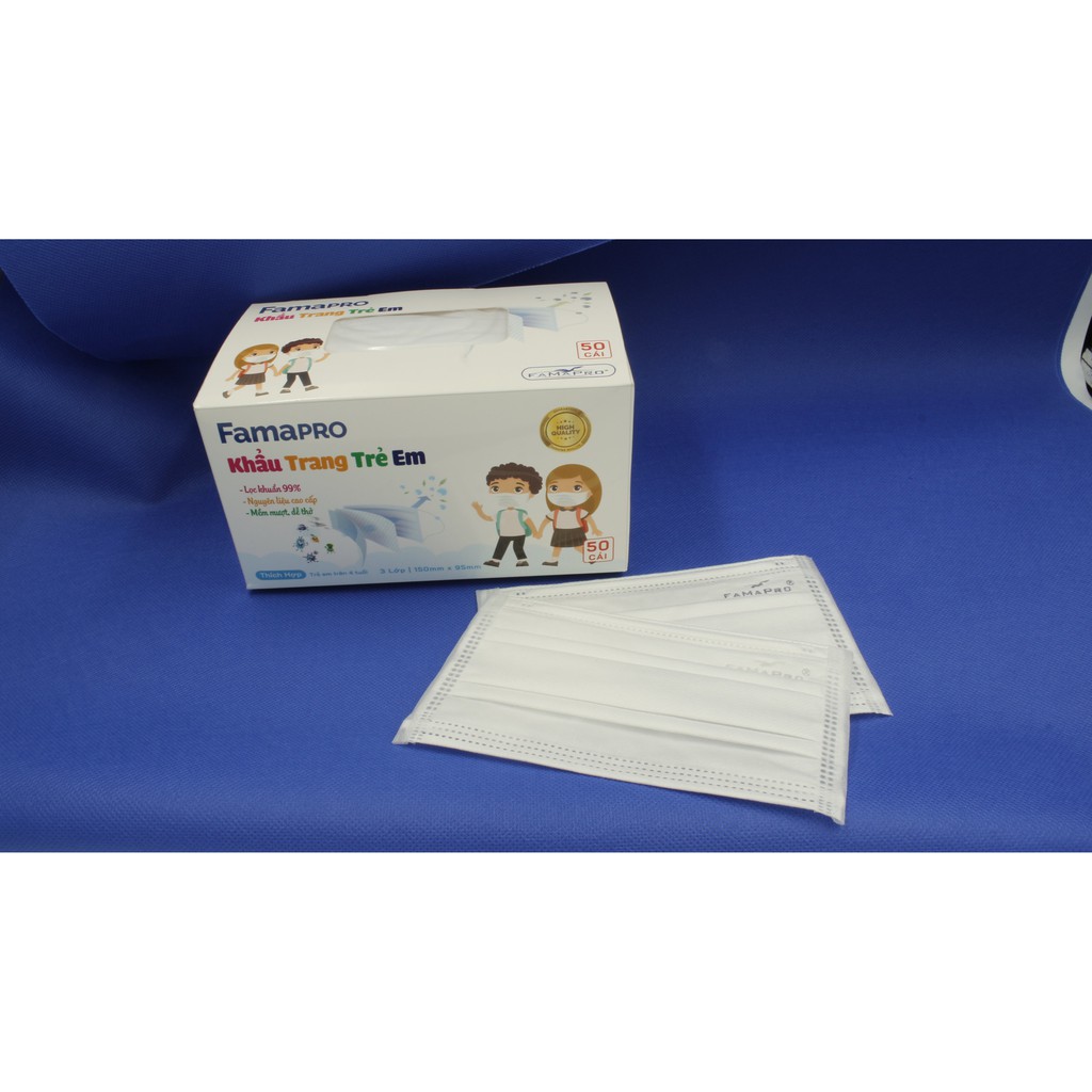 Hộp 50 cái khẩu trang y tế trẻ em (từ 4 tuổi) thương hiệu FAMAPRO MAX KID