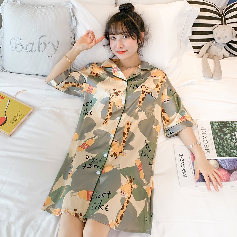 Đầm Ngủ Chất Lụa Mỏng Nhẹ In Họa Tiết Dễ Thương Phong Cách Hàn Quốc Thời Trang Cho Nữ