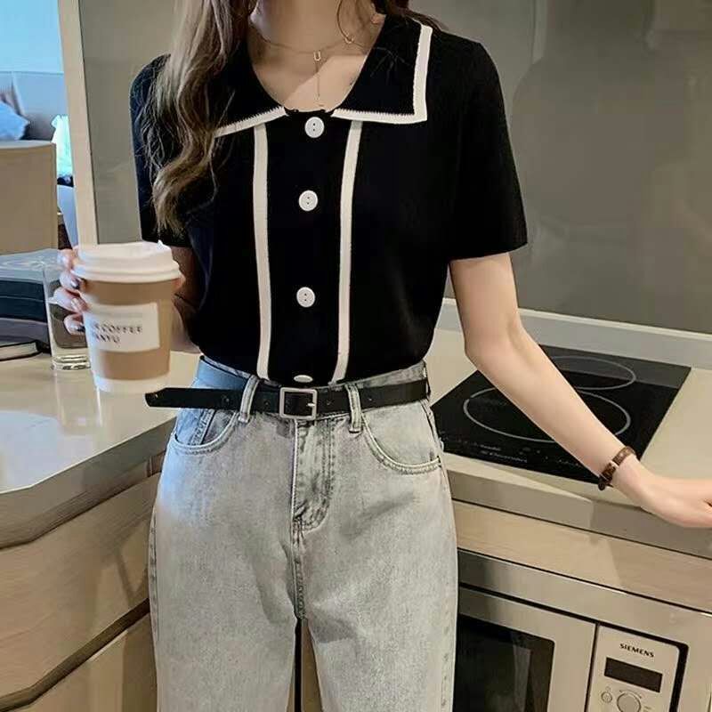 Áo Sweater Tay Ngắn Kiểu Hàn Quốc Dễ Thương 175243 Áo Thun Polo Tay Ngắn Dáng Rộng Màu Sắc Trẻ Trung Xinh Xắn Dành Cho Nữ