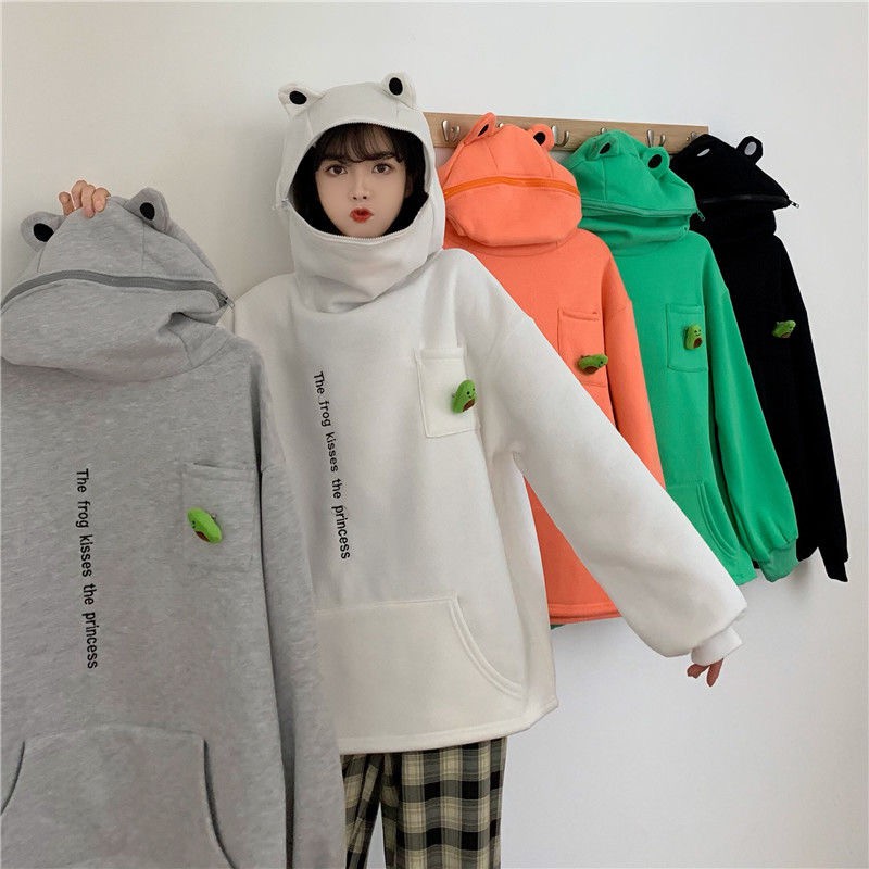 Áo hoodie thiết kế hình ếch cỡ lớn lót nhung dày dặn thời trang phong cách Harajuku cho nữ 2020