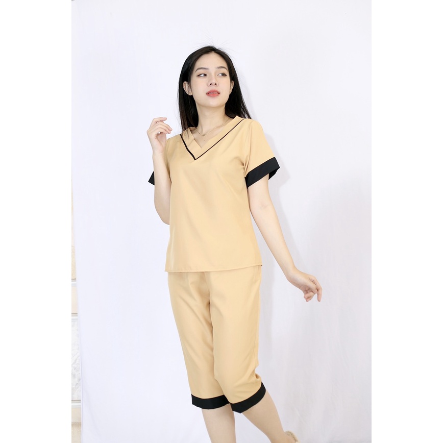 Set đồ bộ pijama nữ L1 SỮA cổ tim tay ngắn quần lửng đơn giản sang chảnh