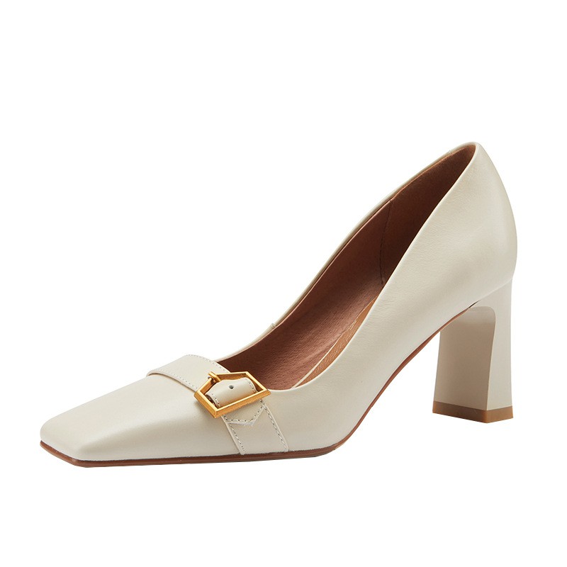 Korean Version Thick With French High Heel Female High Heel Shoes White Square Scalp Retro Fashion | BigBuy360 - bigbuy360.vn