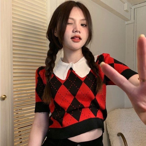 Áo thun dệt kim ZHELIHANGFEI cổ búp bê tay ngắn họa tiết hình thoi dễ thương