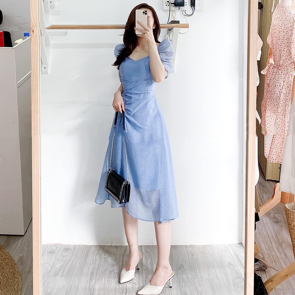 Đầm váy nữ Trắng midi cổ tim rút eo hông phong cách xinh đẹp. | BigBuy360 - bigbuy360.vn