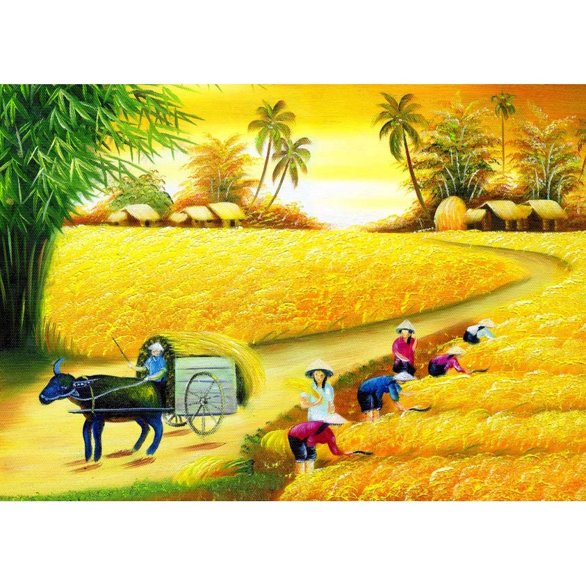 Tranh Dán Tường 3D Đồng Quê Ruộng Lúa Chín Thơm, mùa gặt tại các làng quê nông thôn