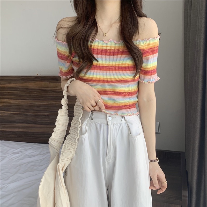 áo len thun trễ vai phối màu trẻ trung (45610#)