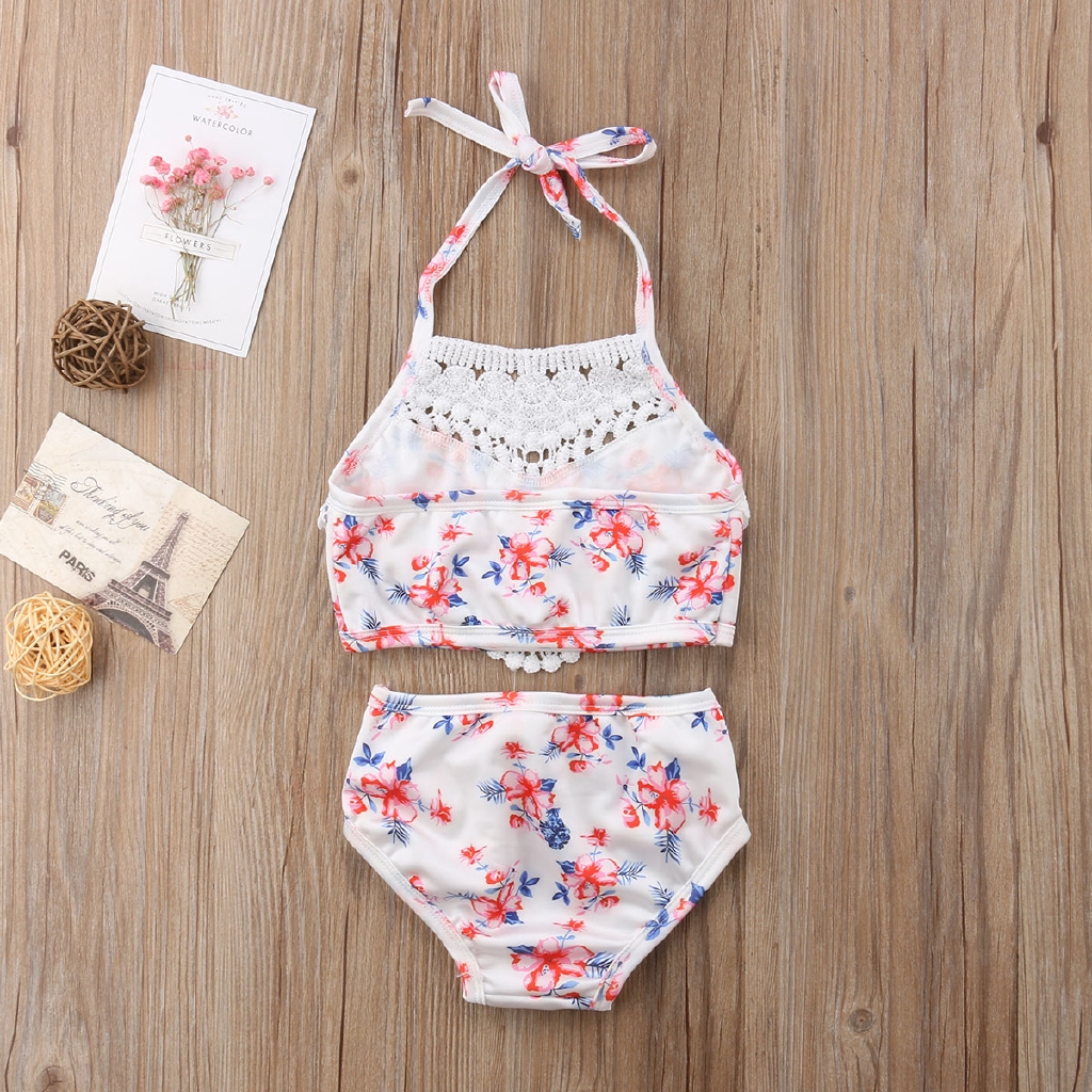 Bộ Đồ Bơi Bikini Phối Ren Hoa Dễ Thương Cho Bé Gái