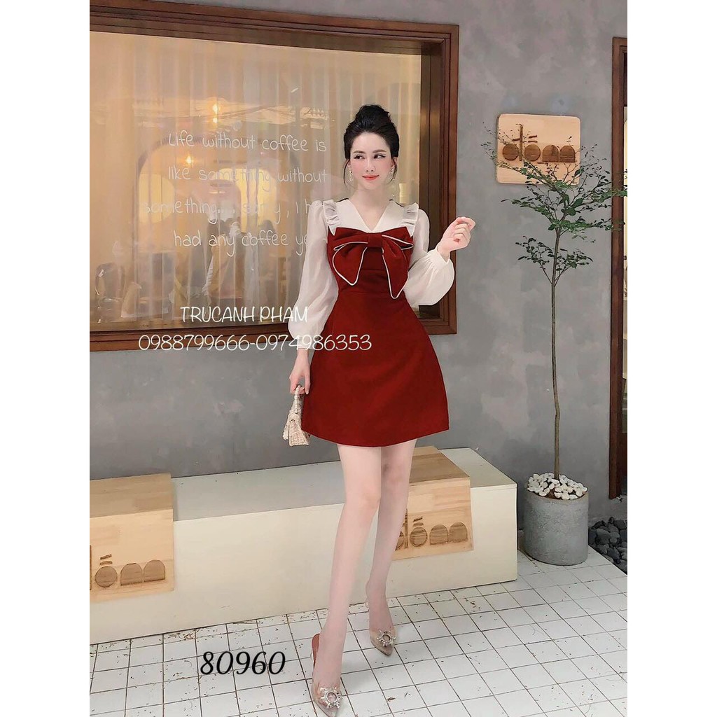 ĐẦM XÒE DỰ TIỆC DÀI TAY THẮT NƠ DỄ THƯƠNG - D02