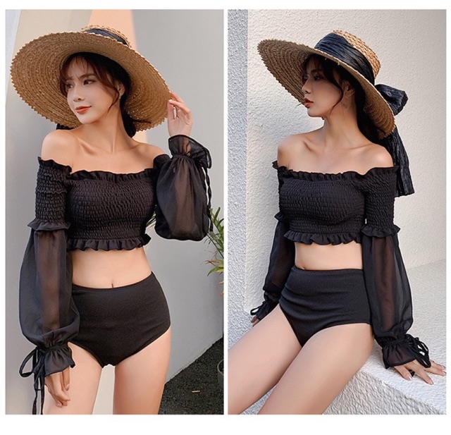 [BKN651] &lt;HÀN&gt; SET BIKINI TAY BỒNG ĐEN KIỂU HÀN (CẠP CAO)