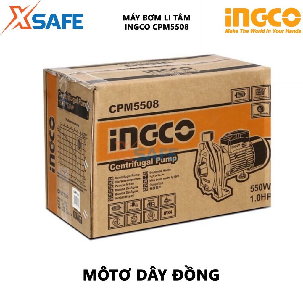 Máy bơm li tâm INGCO CPM5508 Máy bơm nước công suất 550W(0.75HP), chiều cao bơm tối đa 26m, cánh quạt đồng thau - XSAFE