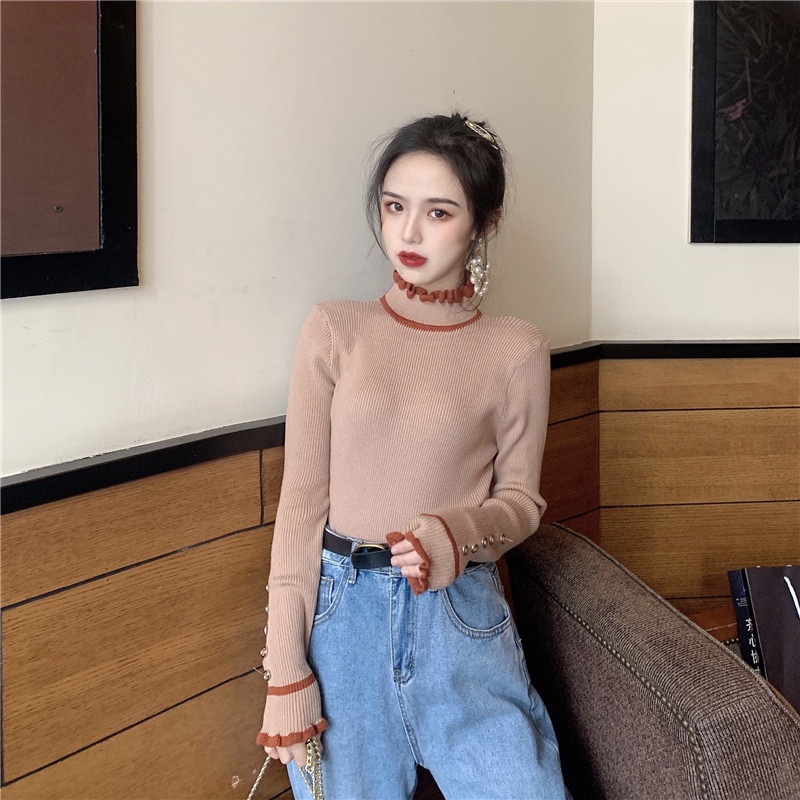 IELGY  Áo Dệt Kim Mỏng Tay Dài Cổ Cao Đính Tai Gỗ Phong Cách Cổ Điển Thời Trang Cho Nữ