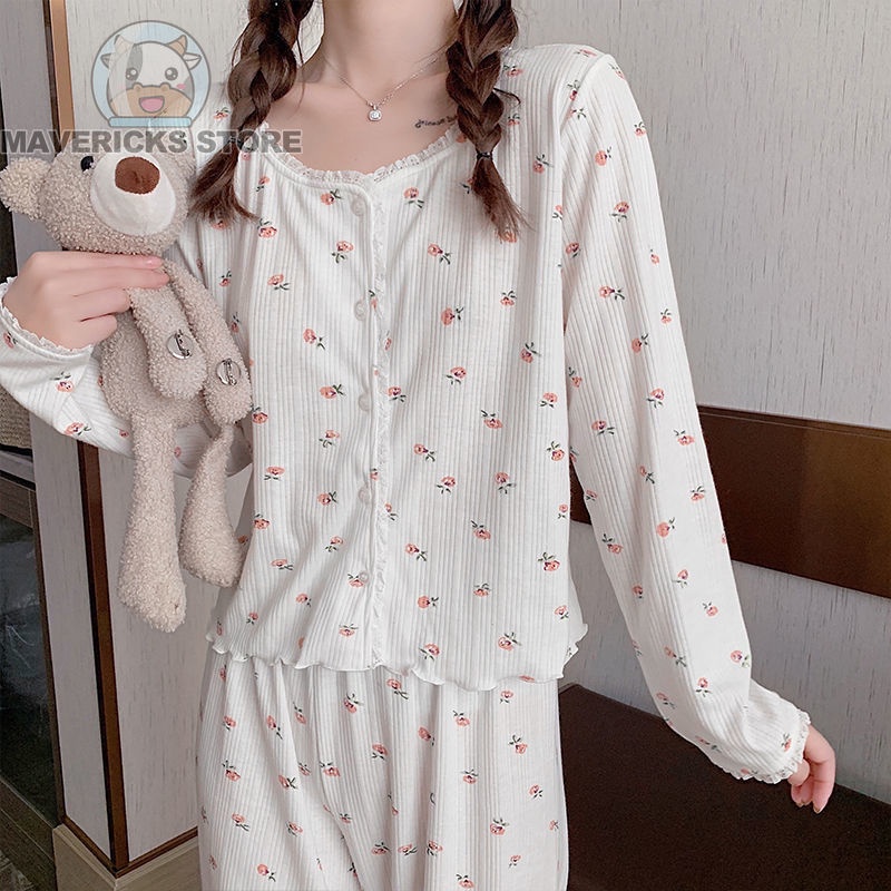 Bộ Đồ Ngủ Tay Dài Dáng Rộng In Hoa Phong Cách Hàn Quốc Thời Trang Mùa Thu Xinh Xắn Cho Nữ