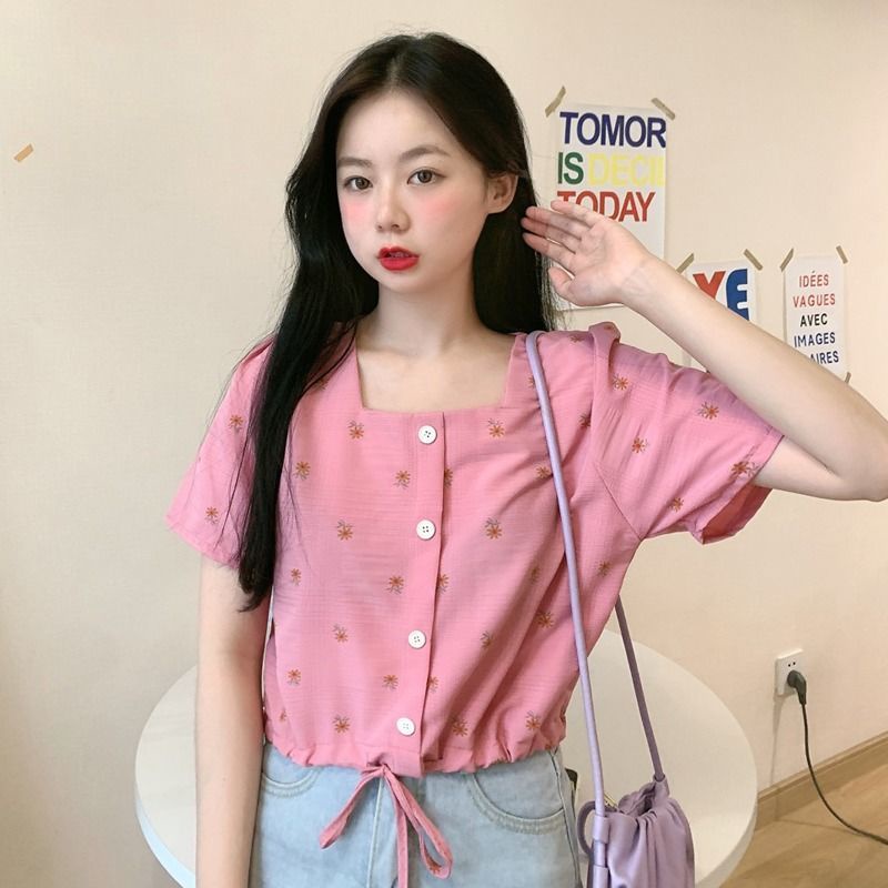 Áo Kiểu Cổ Vuông Tay Ngắn Phối Dây Rút Họa Tiết Hoa Xinh Xắn Thời Trang Cho Nữ