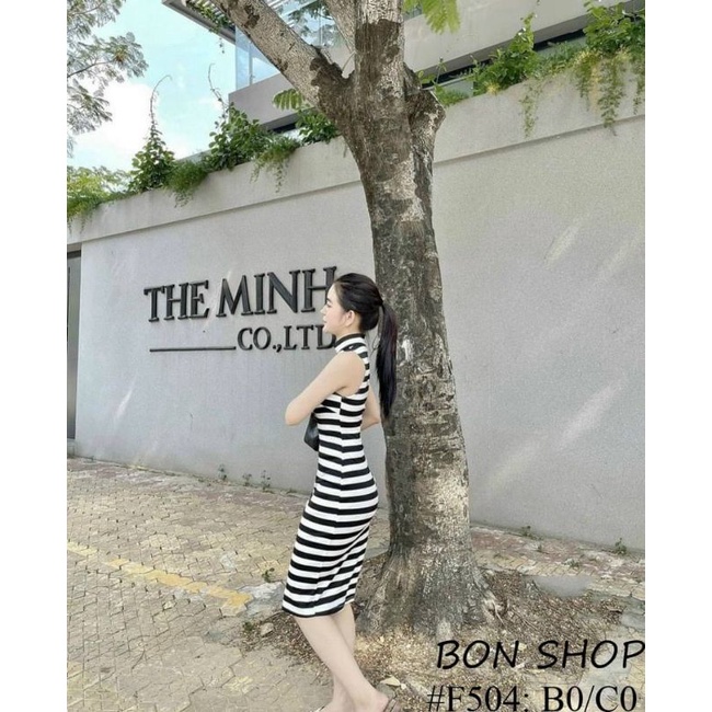 Đầm Thun Kẻ Sọc Ngang Tay Sát Nách Cổ Lọ Dáng Dài Maxi - Form Ôm Body Sexy