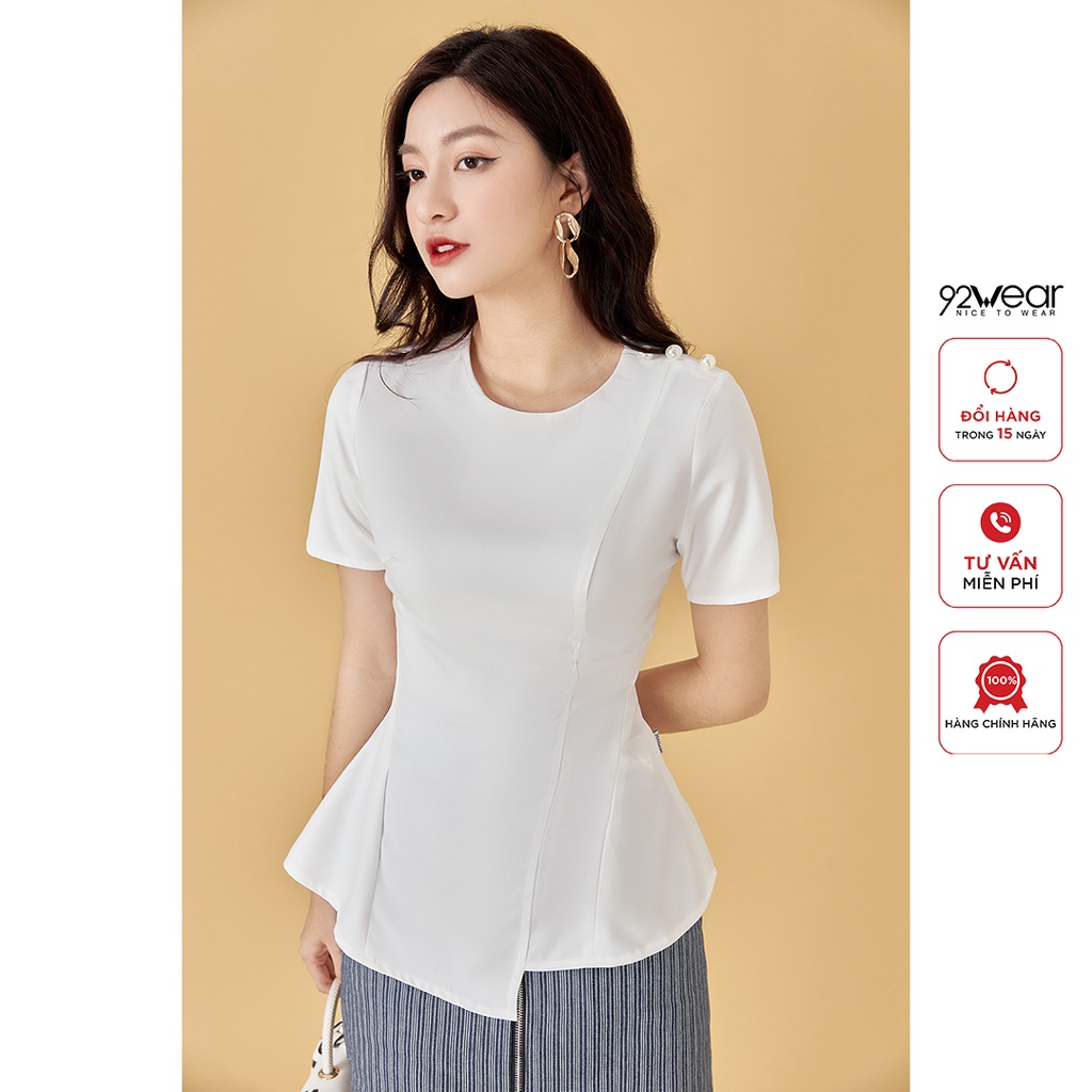 Áo sơ mi công sở nữ 92WEAR, dáng peplum thanh lịch, cổ đính cúc ngọc ASA2208