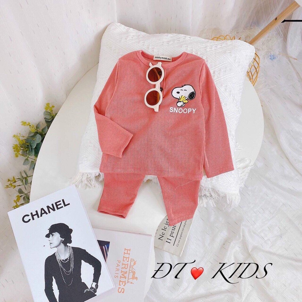 Bộ cotton thun dài tay cổ trụ 2 cúc in hình Snoopy cho bé trai, bé gái xịn xò cho bé trai/ bé gái từ 8-18kg