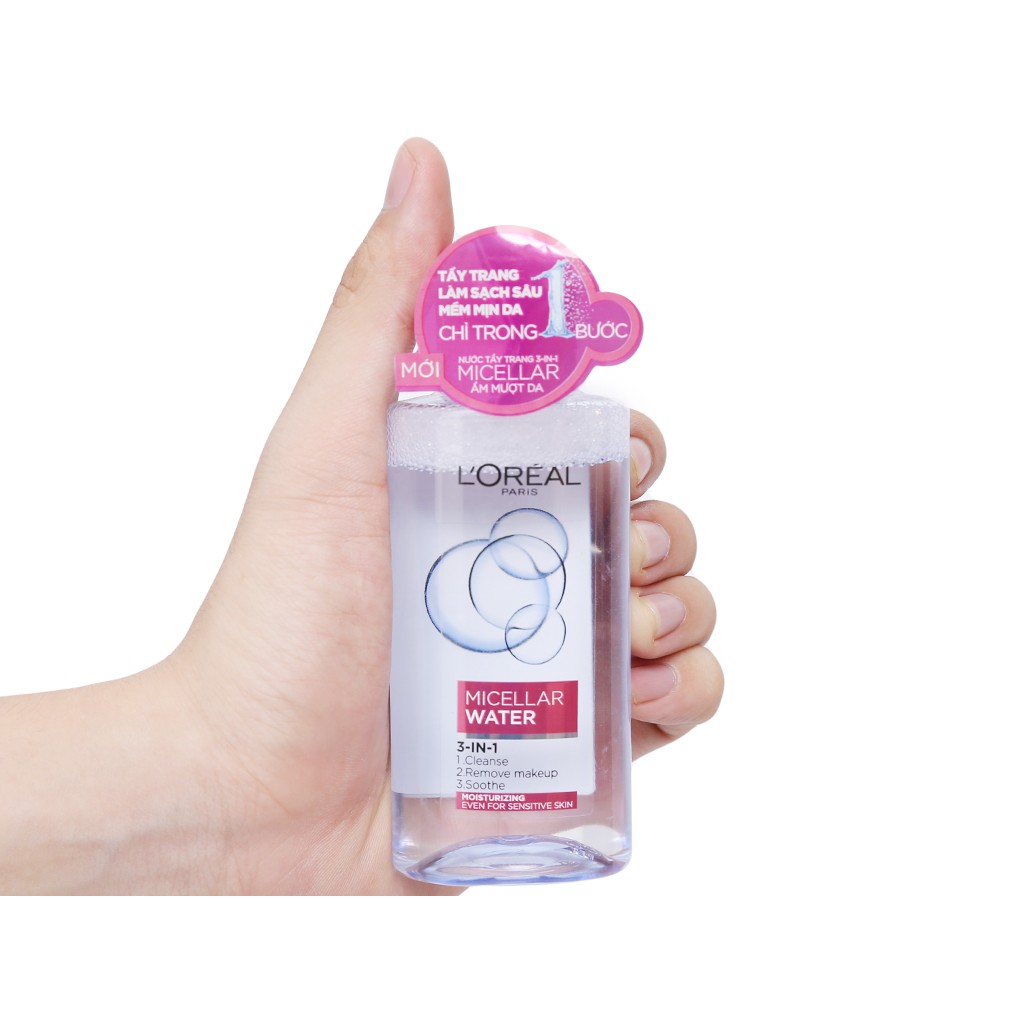 Nước tẩy trang Loreal paris 3 in 1 micellar water 95ml Moisturizing màu hồng cho da khô