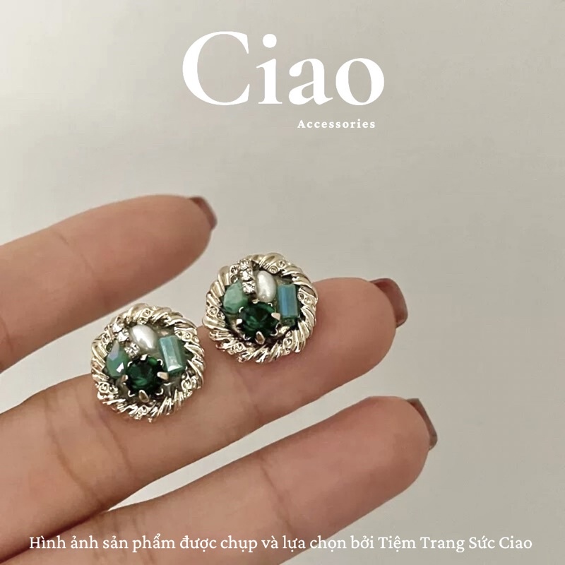 [HỎA TỐC 1H] Khuyên tai/ Bông tai mạ bạc S925 thiết kế đính đá tone xanh Ladonna Ciao