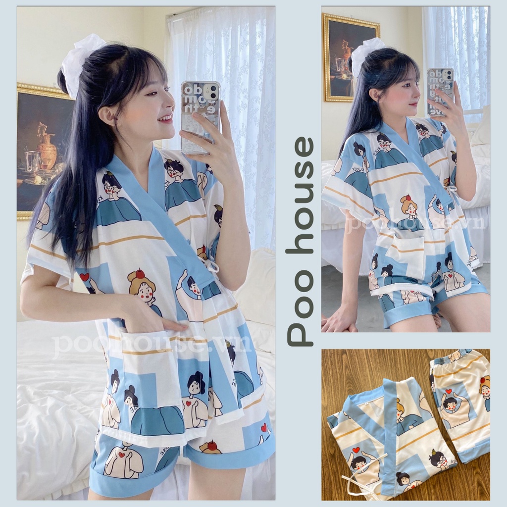 Mẫu hoạt hình Couple - Pijama kimono ngủ chất liệu cotton, đồ ngủ kimono đồ ngủ kiểu Nhật bản - Poohouse Pyjama - Hàng n