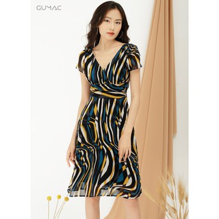 Đầm họa tiết cổ v gumac ms09910_xanh