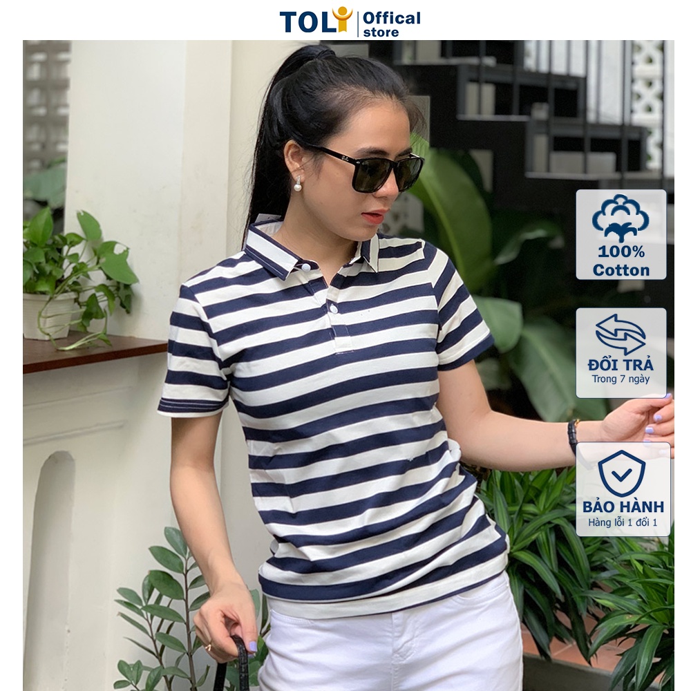 Áo thun nữ Cổ Sơ Mi (Cổ trụ) TOLI, chất cotton 4 chiều mềm mịn, co dãn Sọc ngang 2cm thời trang