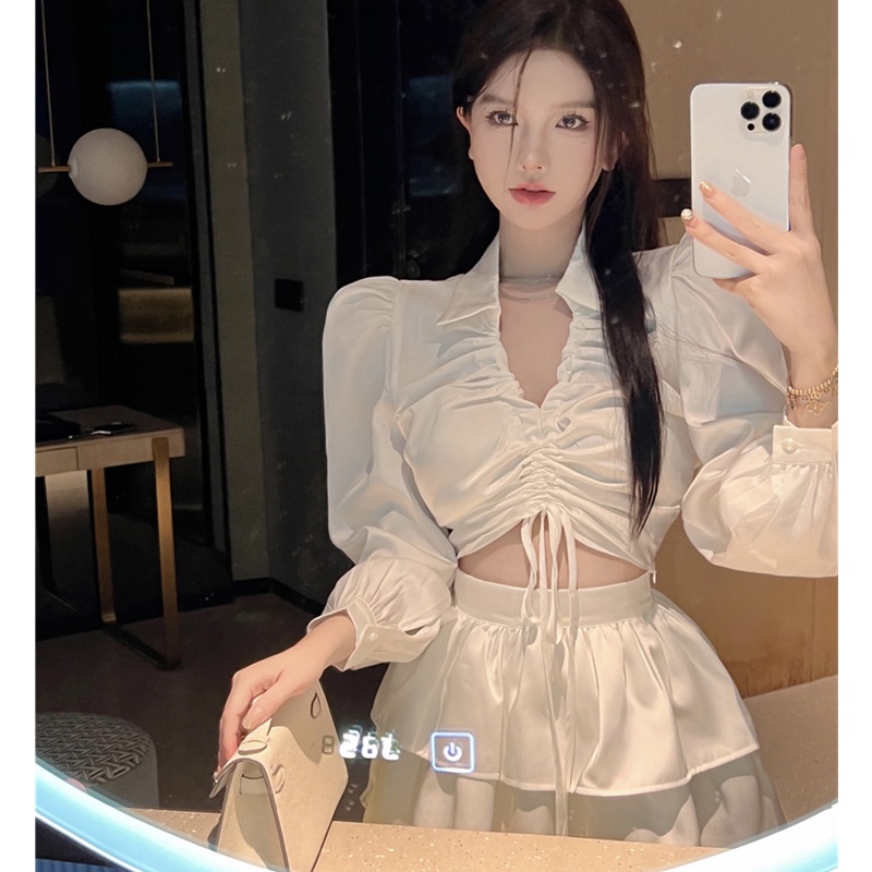 Áo Croptop Cổ v Phối Dây Rút Thời Trang Mùa Thu Quyến Rũ Cho Nữ