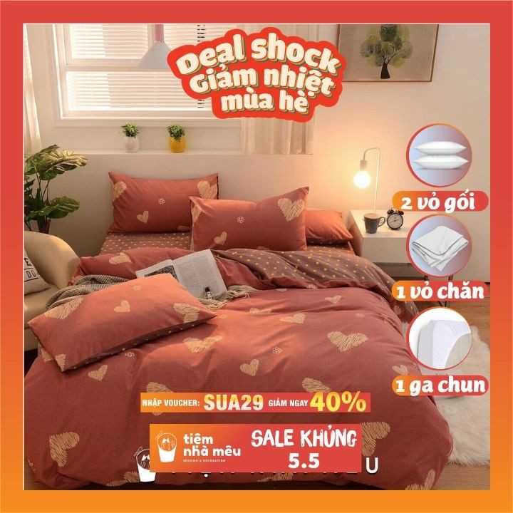 Bộ Vỏ Chăn Ga Gối Cotton 3D✨m6/m8/2m -Tiệm Nhà Mêu✨Set 4 Món Trái Tim Phong Cách Hàn Quốc Siêu Xinh