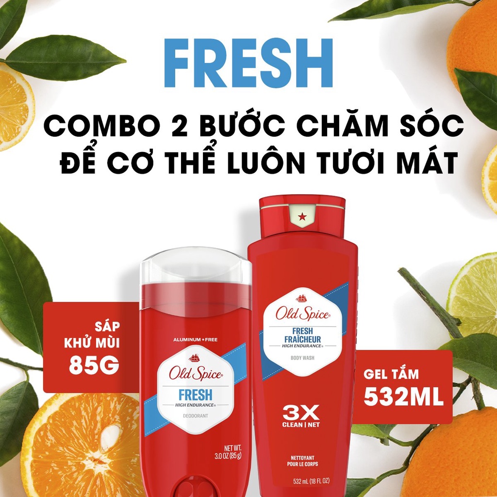 COMBO Hương Fresh Cam quýt Lá Cây | Sữa Tắm & Lăn Khử Mùi Old Spice Fresh High Endurance | Chính hãng USA