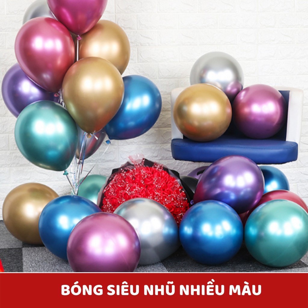 Set 30 bóng tròn siêu nhũ mạ chrome 10&quot; và bóng trong suốt rắc nhũ 12&quot;  trang trí sinh nhật