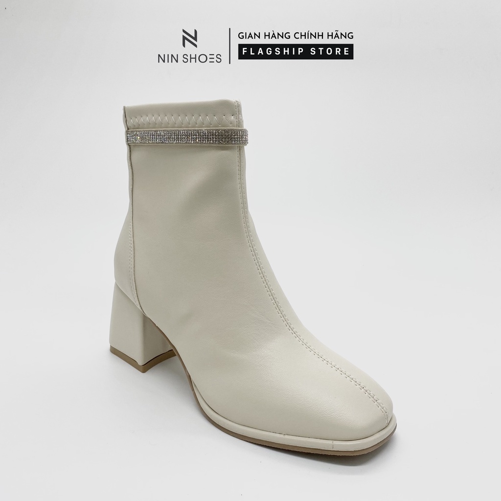 Giày Boot nữ 5p gót vuông cổ đá kéo khoá sau da si Ninshoes | BigBuy360 - bigbuy360.vn