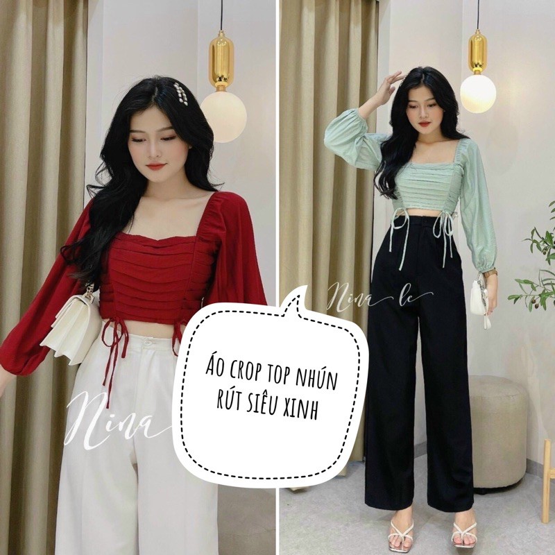 Áo croptop nhún thân tay dài
