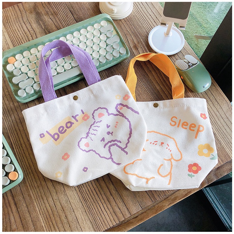 Túi Tote Mini Vải Canvas Họa Tiết Dễ Thương Phong Cách Hàn Quốc
