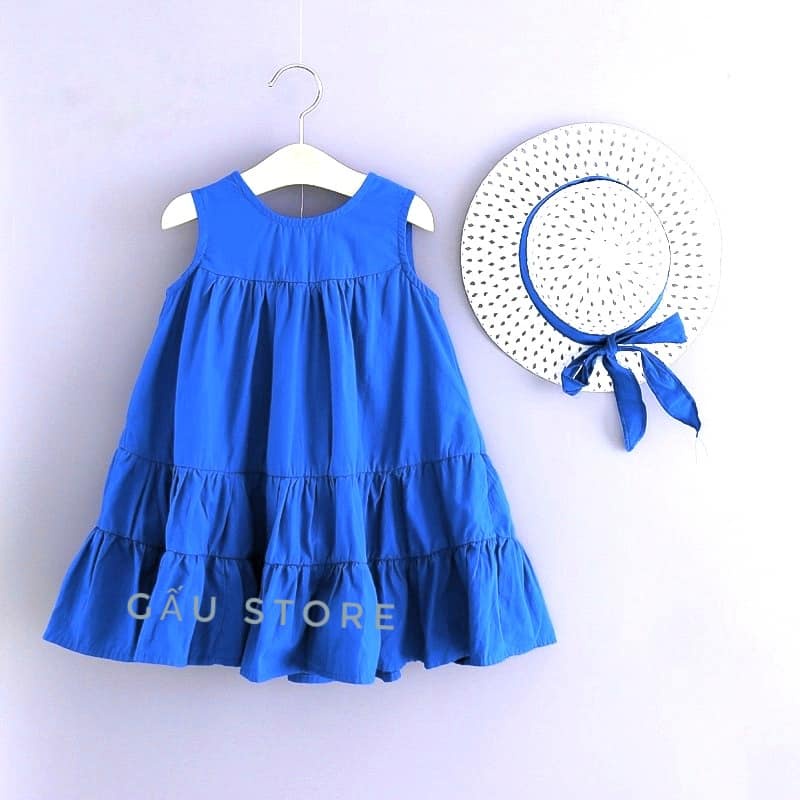 Váy bé gái cotton cúc sau 3 tầng, đầm sát nách cho bé từ 2 đến 15 tuổi, size đại 45kg