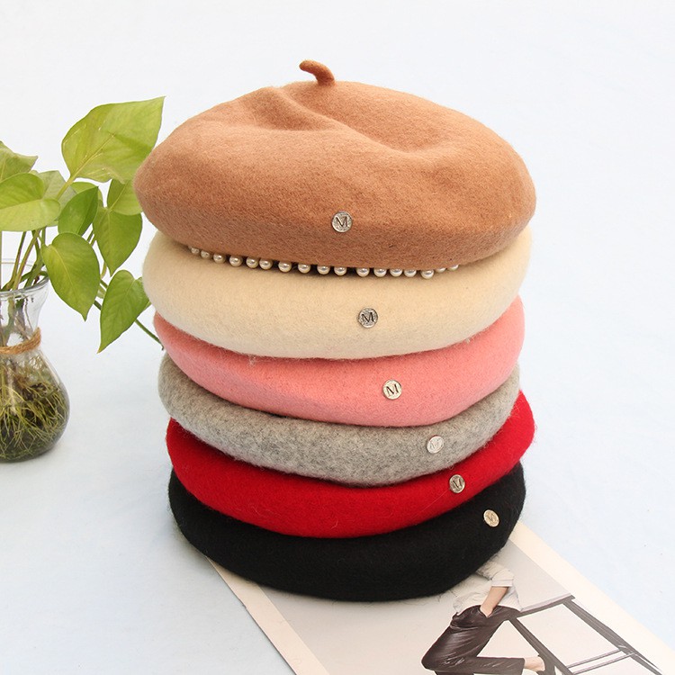 Nón Nồi Len Beret Viền Chuỗi Hạt Khuy Chữ Korea Style