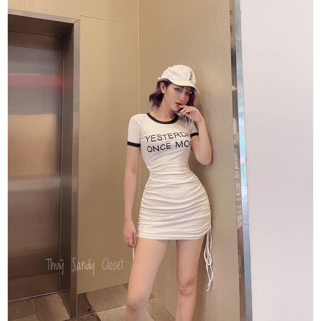 [MẪU MỚI] Đầm Body Cổ VIền Tay Ngắn Dây Rút Sườn Thun Borip Thích Hợp Mặc Đi Tiệc Đi Làm Đi Chơi