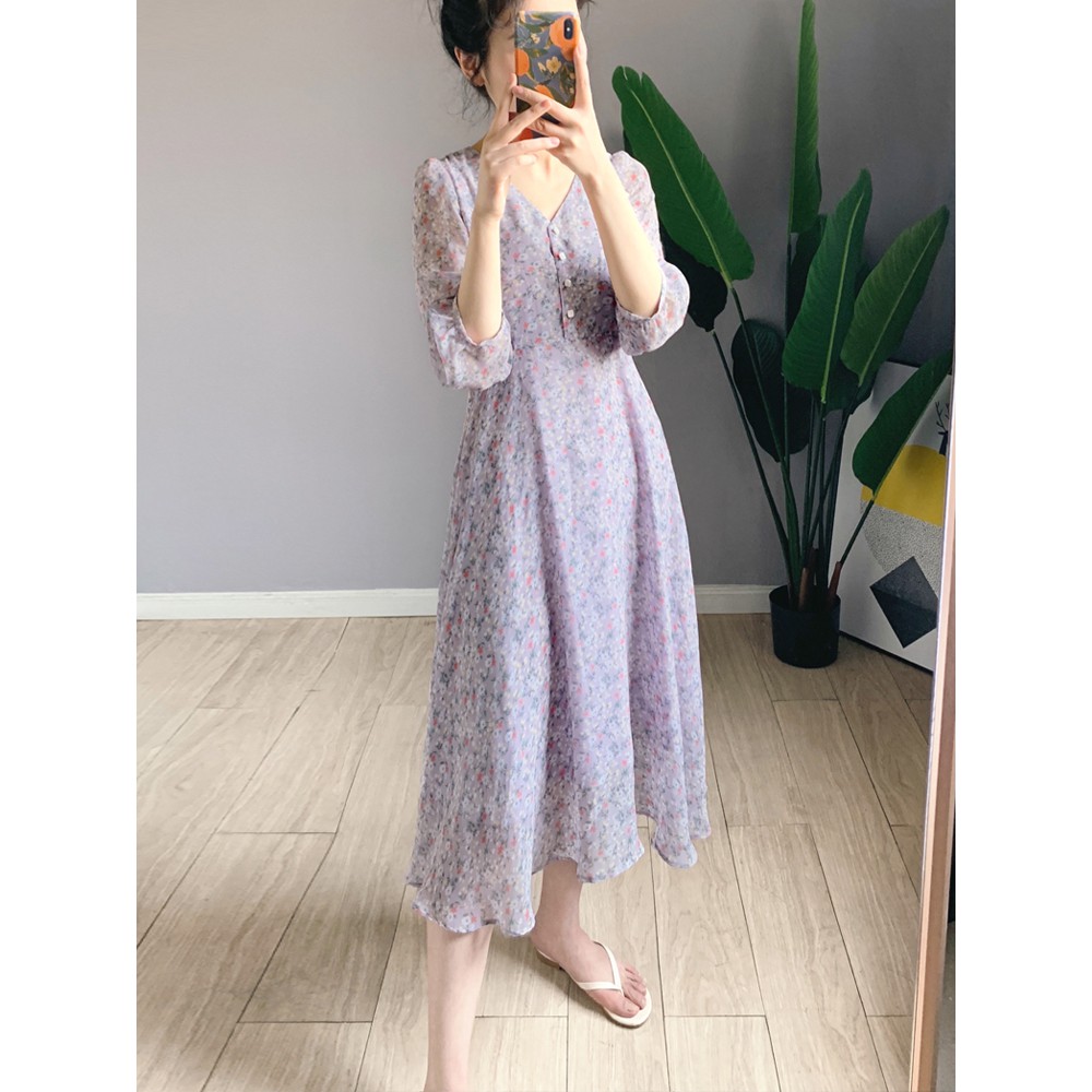 Váy voan hoa nhí màu tím Pastel nhẹ nhàng tiểu thư dáng dài tay lỡ