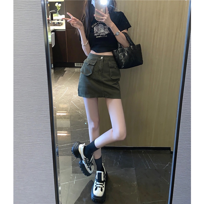 QADCOL Set Áo Thun Ngắn Tay Cổ Tròn + Chân Váy Jeans Chữ A Thời Trang Nữ Mới