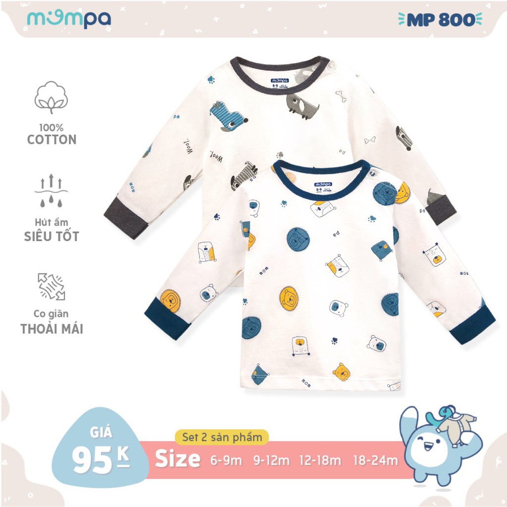 [CHÍNH HÃNG] Set 2 áo dài tay cài giữa/cài vai cotton họa tiết động vật trẻ em Mompa