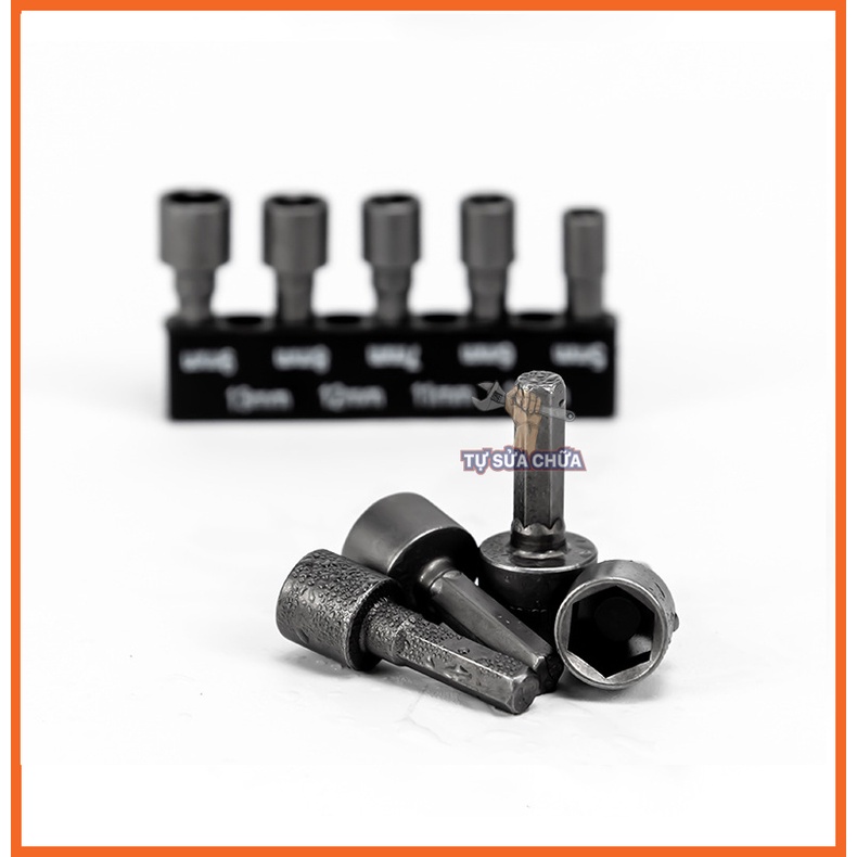 Bộ khẩu, tuýp mở ốc, xiết ốc chuôi lục giác 6.35mm thép Cr-V liền khối phù hợp với nhiều loại máy khoan