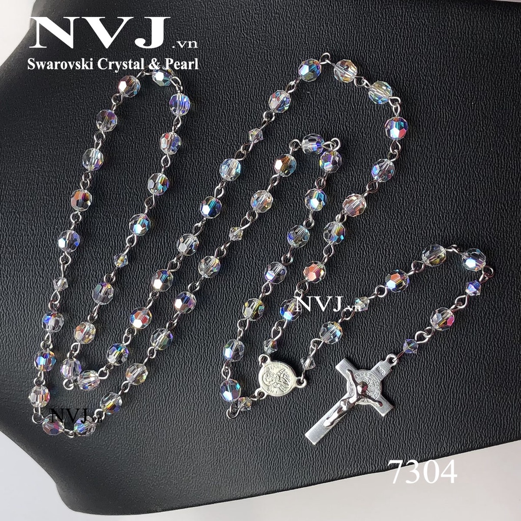Rosary – Chuỗi Mân Côi 50 hạt tròn 6ly pha lê Swarovski crystal classic bead 5000 001AB, PhaleAo, trang sức NVJ