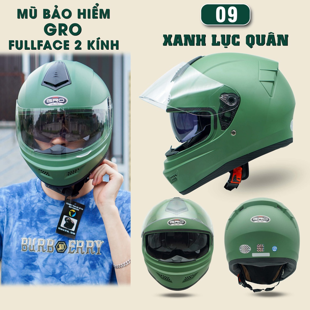 Mũ Bảo Hiểm Fullface GRO Helmet có kính chính hãng, thiết kế 2 kính, kiểu dáng mạnh mẽ cho nam - Xanh Lục Quân