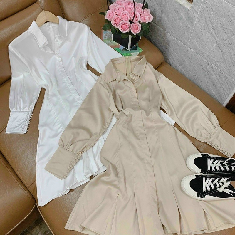 Đầm dự tiệc trắng cổ sơ mi vải phi lụa cực mềm mịn | BigBuy360 - bigbuy360.vn