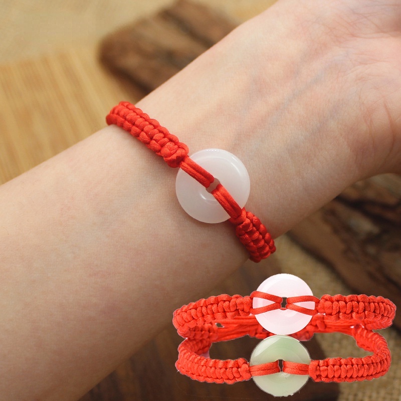 Vòng Tay Bện Dây Đỏ Đính Ngọc Bích Nhân Tạo Handmade Phong Cách Vintage